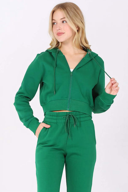 Basic Plain Solid Fleece Full Zip Crop Hoodie Sweatshirt