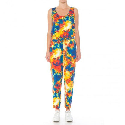 TIE DYE PRINT FRENCH TERRY KNIT SCOOP NECK SLEEVELESS JUMPSUIT