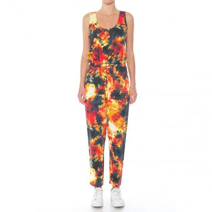 TIE DYE PRINT FRENCH TERRY KNIT SCOOP NECK SLEEVELESS JUMPSUIT