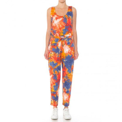TIE DYE PRINT FRENCH TERRY KNIT SCOOP NECK SLEEVELESS JUMPSUIT