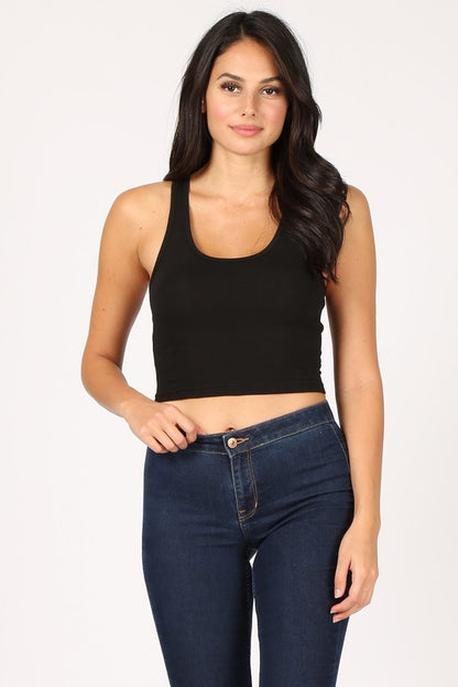 Racerback Tank Crop Top Sleeveless crop top with racerback and fitted bodice Model: 5'7" wearing size Small