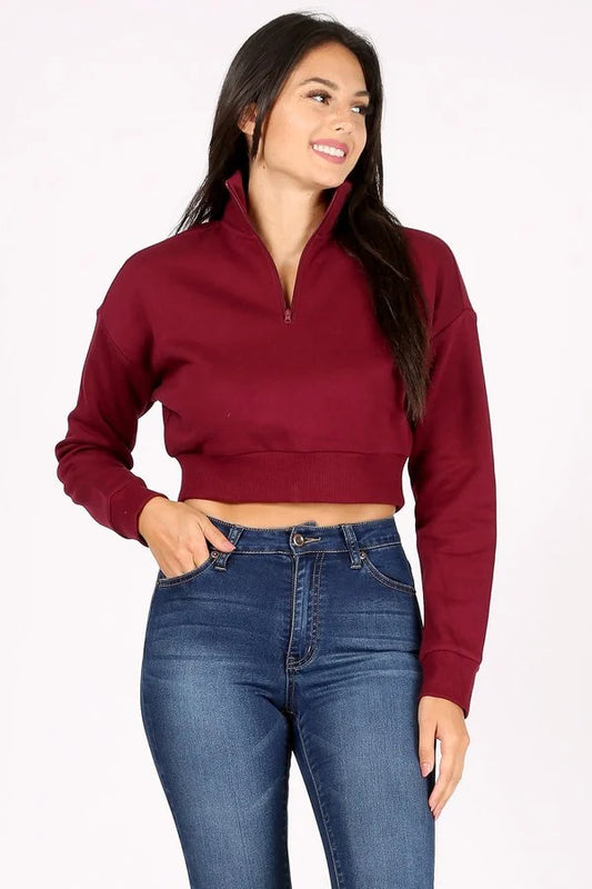 SOLID CROPPED PULLOVER SWEATER WITH LONG SLEEVES