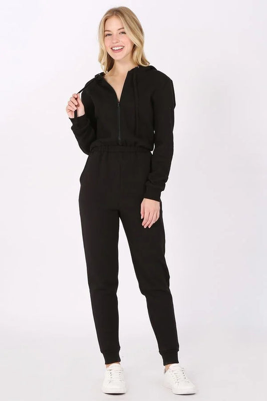 FLEECE ZIP UP HOODIE JUMPSUIT *ONE PIECE JUMPSUIT FEATURING A ZIP UP HOODIE TOP *CUFFED ANKLE BOTTOMS