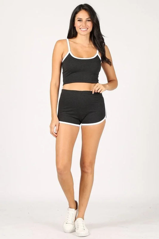 CONTRAST TRIM CROP CAMI TANK AND DOLPHIN SHORTS SET